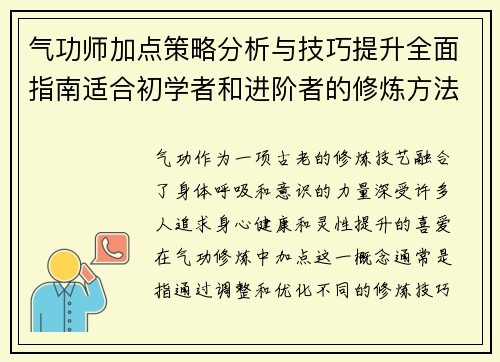 气功师加点策略分析与技巧提升全面指南适合初学者和进阶者的修炼方法
