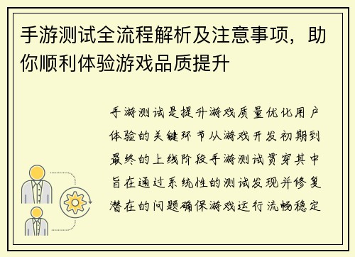 手游测试全流程解析及注意事项，助你顺利体验游戏品质提升